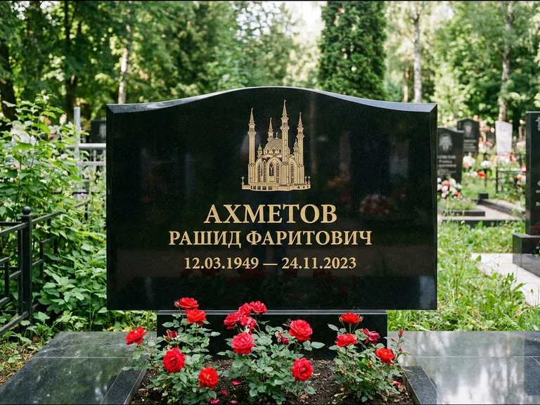 Мусульманский памятник с гравировкой мечети: широкая двойная семейная стела — золочёная гравировка мечети, цветник с красными розами, работа «Ахметов» в Рязани