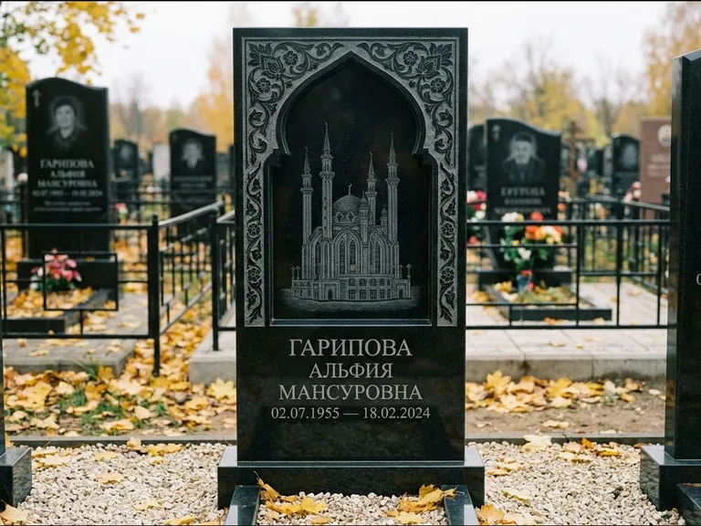 Мусульманский памятник с гравировкой мечети: фигурная стела с михраб-нишей — гравировка мечети в михраб-арке с орнаментом, светлая гравийная отсыпка, работа «Гарипова» в Рязани