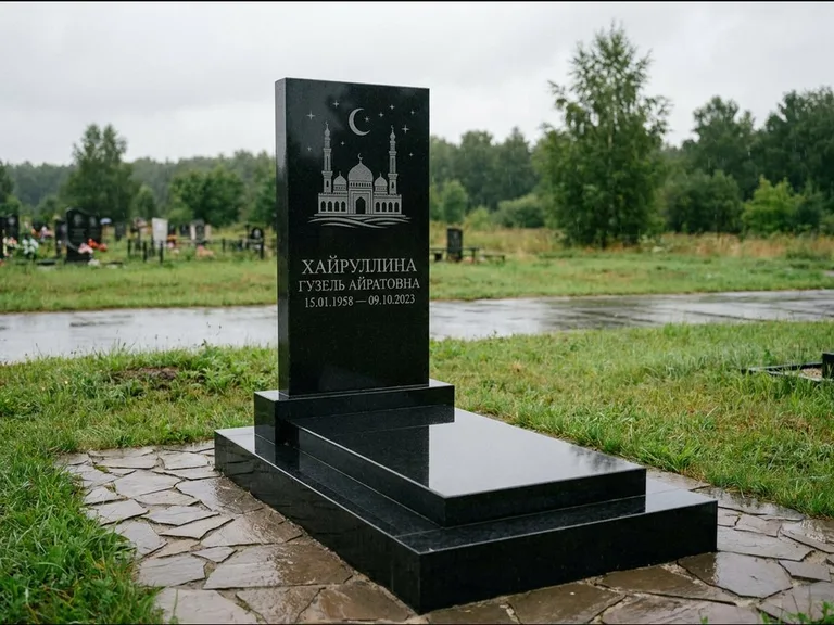 Мусульманский памятник с гравировкой мечети: ступенчатая двухуровневая стела — гравировка мечети под полумесяцем и звёздами, каменная дорожка из плитняка, работа «Хайруллина» в Рязани