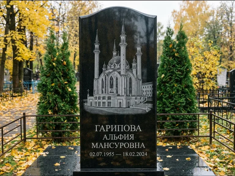 Мусульманский памятник с гравировкой мечети — мечеть Кул-Шариф на обороте стелы, работа «Гарипова» в Рязани