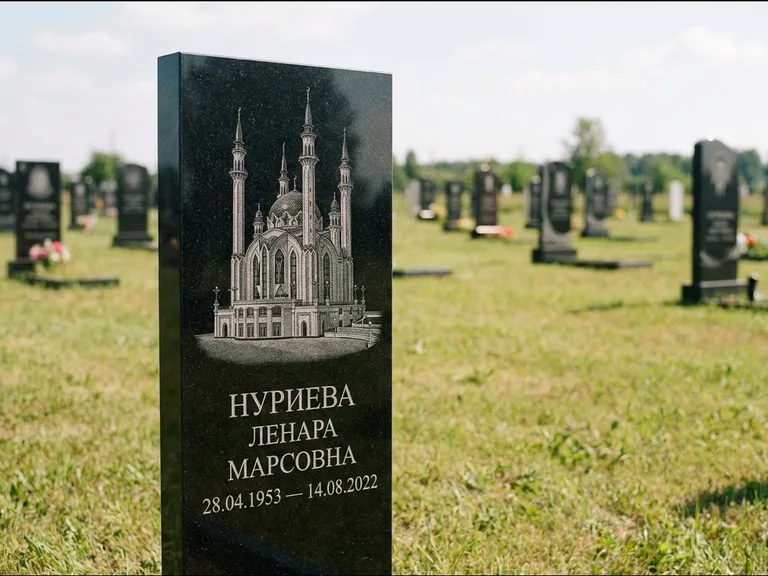 Мусульманский памятник с гравировкой мечети: узкая вертикальная стела-пилон — гравировка мечети в михраб-арке с орнаментом, открытая лужайка без ограды, работа «Хайруллина» в Рязани