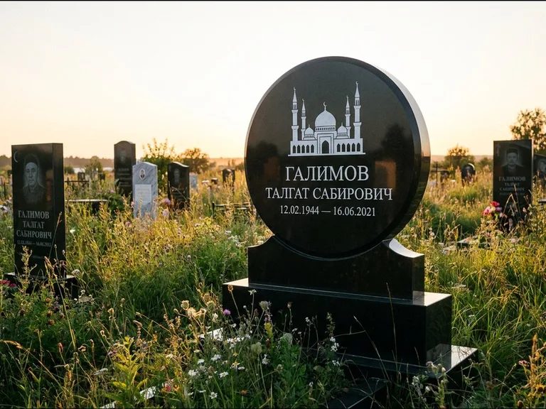 Мусульманский памятник с гравировкой мечети: округлая стела-медальон на тумбе — гравировка мечети в михраб-арке с орнаментом, луговые травы и полевые цветы, работа «Каримов» в Рязани