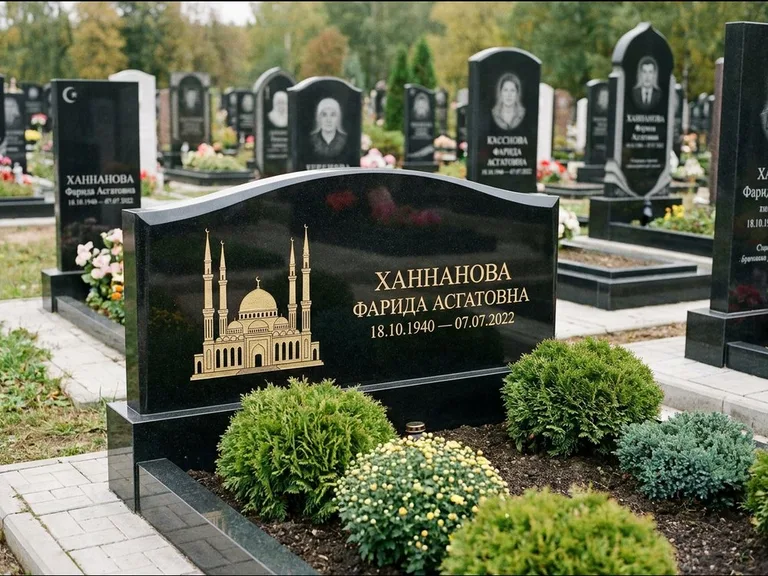 Мусульманский памятник с гравировкой мечети: вытянутая горизонтальная семейная стела с аркой — белая гравировка силуэта мечети с минаретами, участок с декоративными кустами, работа «Гарипова» в Рязани
