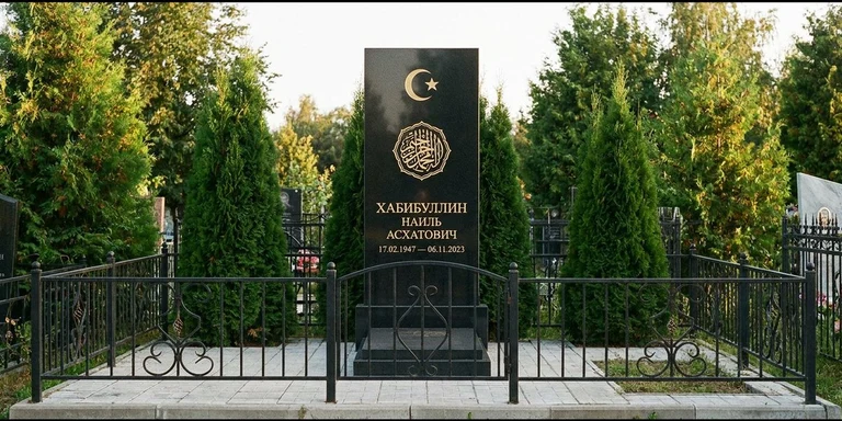 Гравировка на мусульманском памятнике в Рязани — стела из чёрного гранита, оформление по канонам ислама