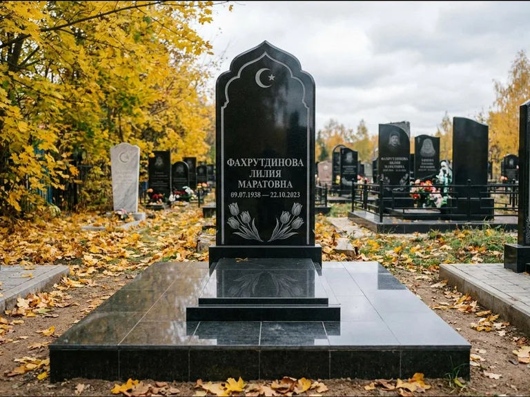 Мусульманский памятник: стела с михраб-навершием в форме арки — гравировка минарета с полумесяцем, гранитный цоколь с тёмной плиткой, работа «Фахрутдинова» в Рязани