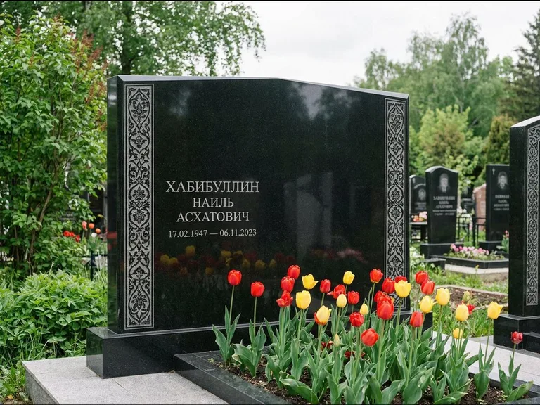 Мусульманский памятник: широкая двойная семейная стела — золочёная гравировка мечети, цветник с тюльпанами, работа «Хабибуллин» в Рязани