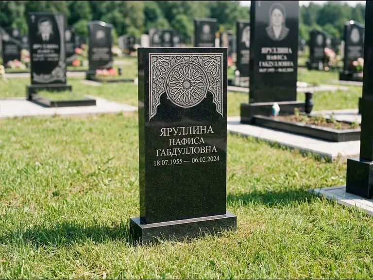 Мусульманский памятник: небольшая скромная невысокая стела — золочёная гравировка мечети, аккуратный участок с газоном, работа «Фахрутдинова» в Рязани