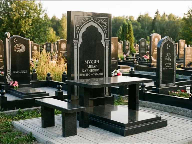 Мусульманский памятник: стела с гранитным столиком и скамьёй — гравировка мечети под полумесяцем и звёздами, семейный участок с плиткой, работа «Гимаев» в Рязани
