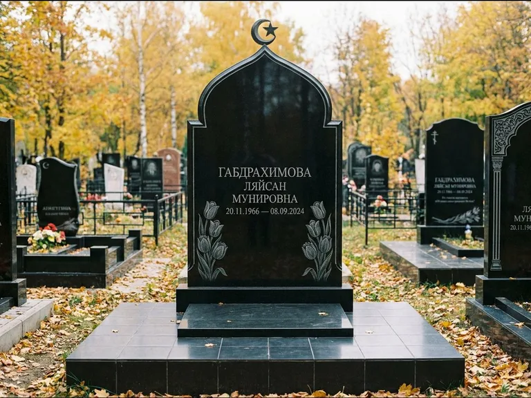 Мусульманский памятник: массивная стела с михраб-навершием — белая гравировка силуэта мечети с минаретами, цоколь тёмной плиткой, работа «Магомедова» в Рязани