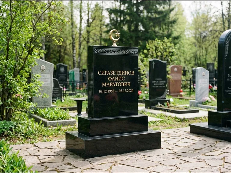 Мусульманский памятник: ступенчатая трёхуровневая стела — золочёная гравировка мечети, дорожка из природного плитняка, работа «Мустафин» в Рязани