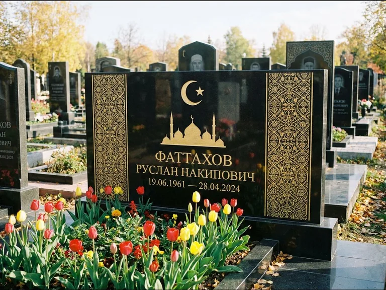 Мусульманский памятник: широкая панорамная стела с золочёным орнаментом — гравировка минарета с полумесяцем, цветник с тюльпанами, работа «Сулейманов» в Рязани