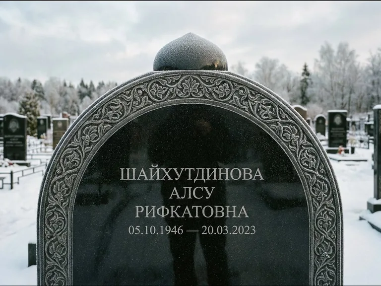 Мусульманский памятник: полукруглая стела с купольным навершием — гравировка мечети под полумесяцем и звёздами, заснеженный зимний участок, работа «Ганиева» в Рязани