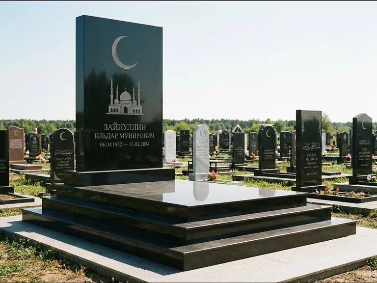 Мусульманский памятник: массивная стела на ступенчатом постаменте — гравировка мечети под полумесяцем и звёздами, гранитная площадка без ограды, работа «Хабибуллин» в Рязани