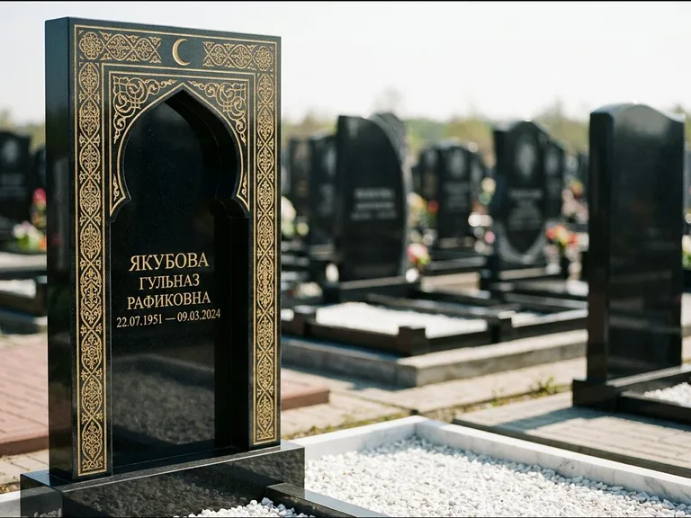 Мусульманский памятник: стела в форме михраба с глубокой нишей и золочёным орнаментом — детализированная гравировка мечети Кул-Шариф, участок с белой мраморной крошкой, работа «Мустафин» в Рязани