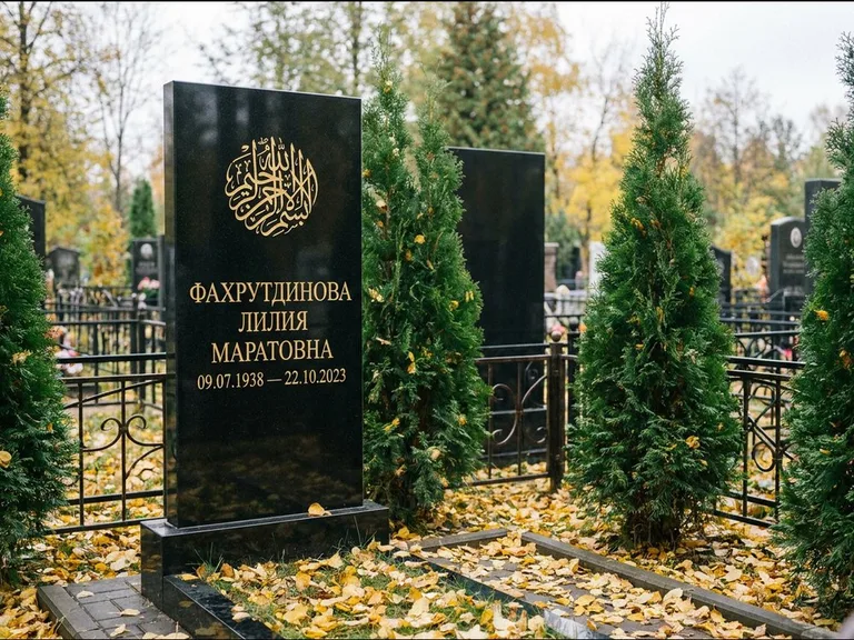 Мусульманский памятник — шахада в верхней части стелы, работа «Фахрутдинова» в Рязани