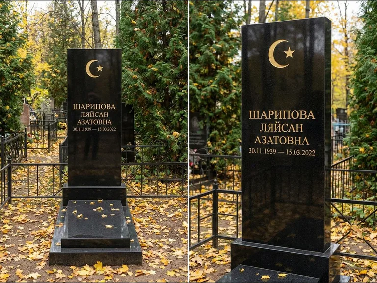 Памятник с гравировкой полумесяца — золочёная гравировка полумесяца со звездой в верхней части с, работа «Шарипова» в Рязани
