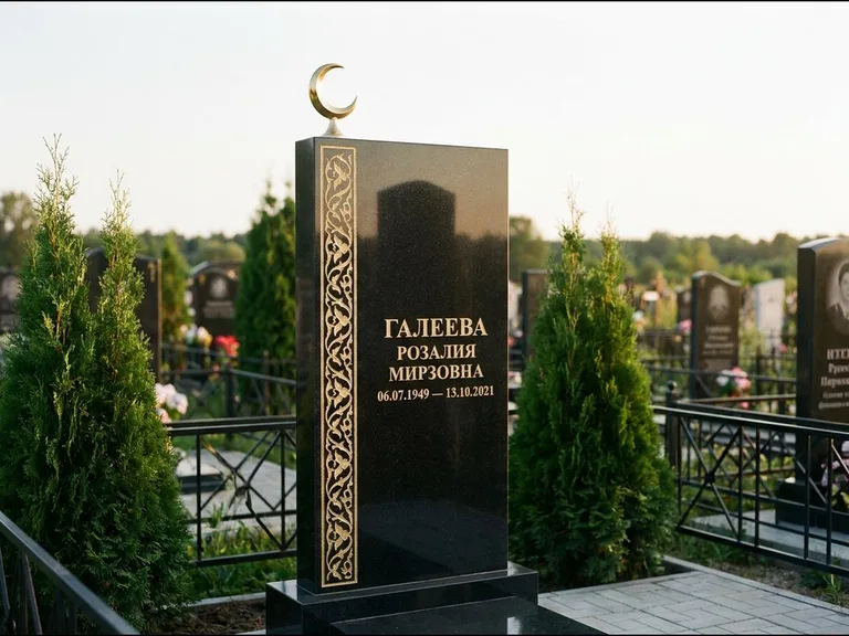 Памятник с гравировкой полумесяца — золочёный полумесяц и колонна растительного орнамента-ислими, работа «Галеева» в Рязани
