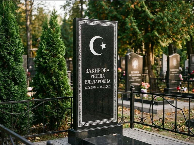 Памятник с гравировкой полумесяца — строгая белая гравировка полумесяца со звездой и орнаменталь, работа «Закирова» в Рязани