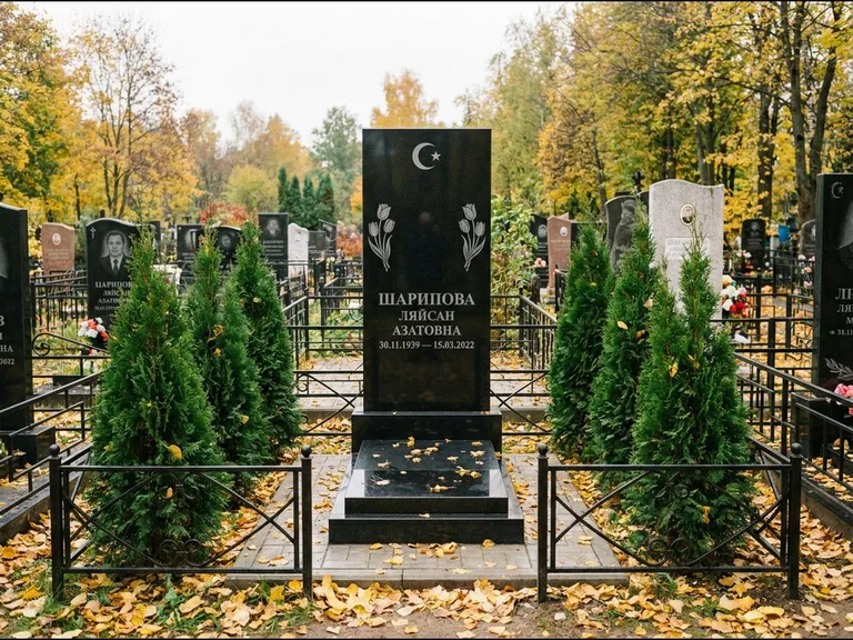 Памятник с гравировкой полумесяца — гравировка полумесяца со звездой и тюльпанами по бокам, работа «Шарипова» в Рязани