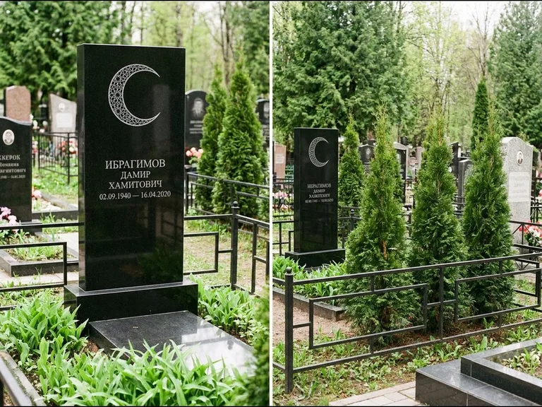 Памятник с гравировкой полумесяца — гравировка полумесяца в геометрическом орнаменте-гирихе, работа «Ибрагимов» в Рязани