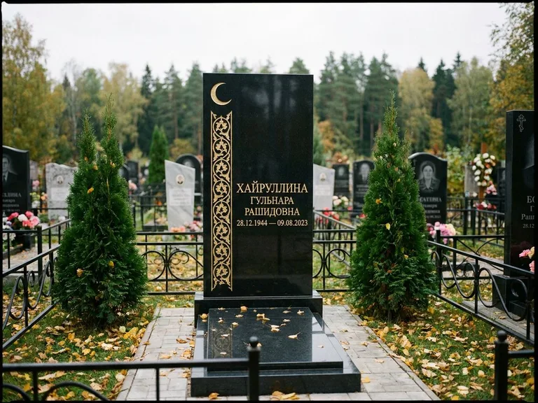 Памятник с гравировкой полумесяца — золочёный полумесяц и колонна растительного орнамента-ислими, работа «Хайруллина» в Рязани