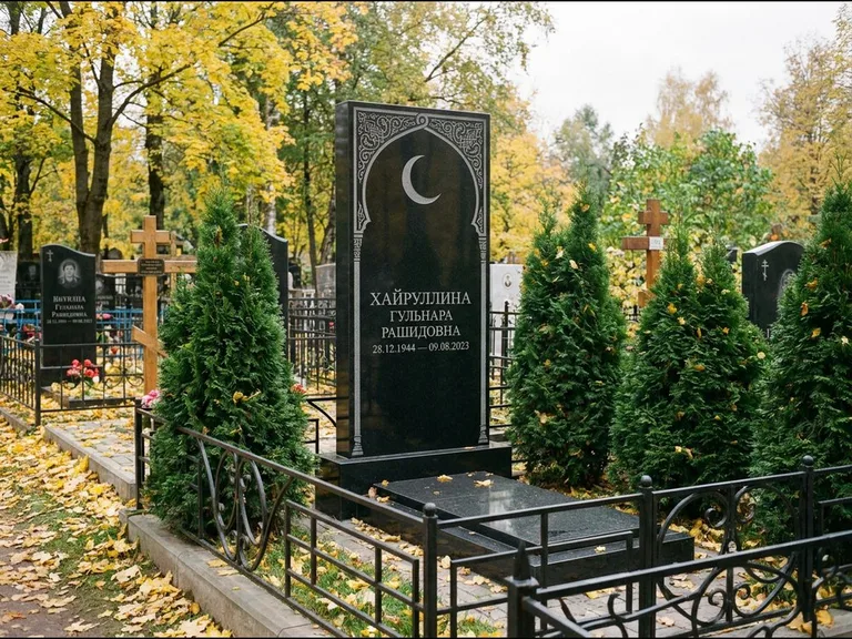 Памятник с гравировкой полумесяца — гравировка полумесяца в восточной арке с орнаментом, работа «Хайруллина» в Рязани