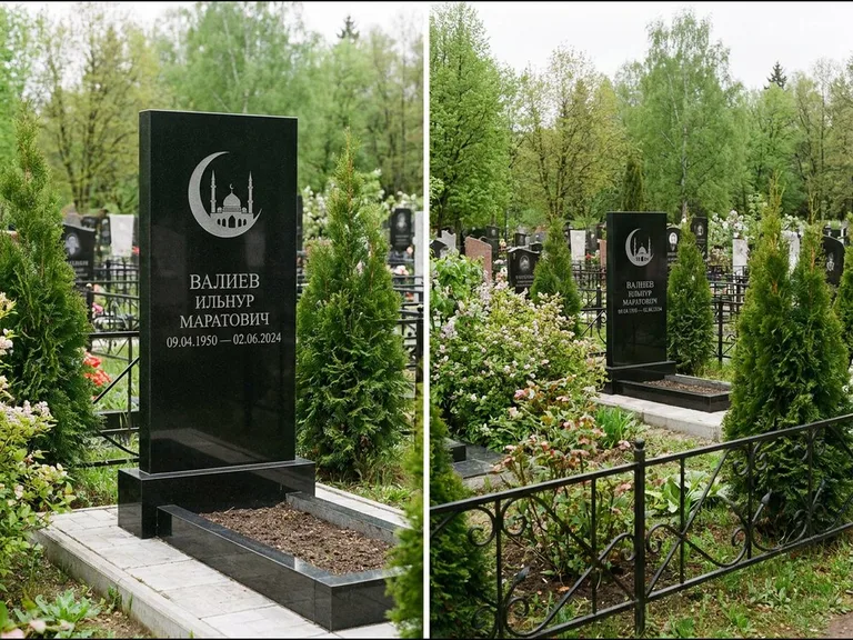 Памятник с гравировкой полумесяца — гравировка полумесяца над силуэтом мечети, работа «Валиев» в Рязани