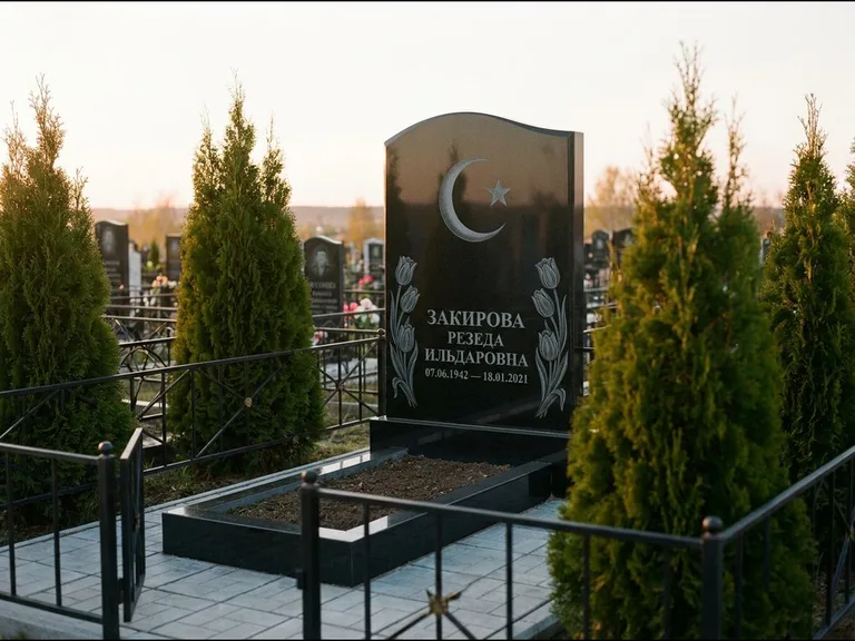 Памятник с гравировкой полумесяца — гравировка полумесяца со звездой и тюльпанами по бокам, работа «Закирова» в Рязани