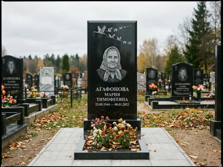 Гравировка журавлей на памятник в Рязани — памятник из чёрного гранита с гравировкой