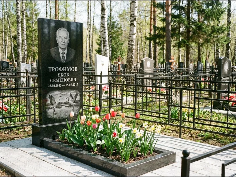 Памятник с гравировкой журавлей — гравировка пары журавлей над гладью озера в нижней части, работа «Трофимов» в Рязани