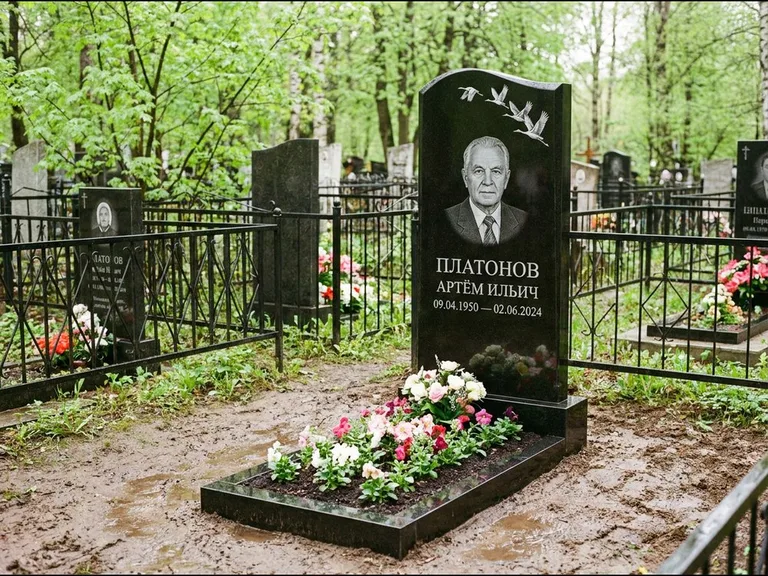 Памятник с гравировкой журавлей — белая гравировка клина журавлей, уходящего в верхний угол ст, работа «Платонов» в Рязани