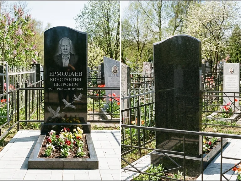 Памятник с гравировкой журавлей — гравировка трёх журавлей по диагонали через свободное поле с, работа «Ермолаев» в Рязани