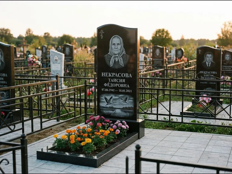 Памятник с гравировкой журавлей — гравировка пары журавлей над гладью озера в нижней части, работа «Некрасова» в Рязани