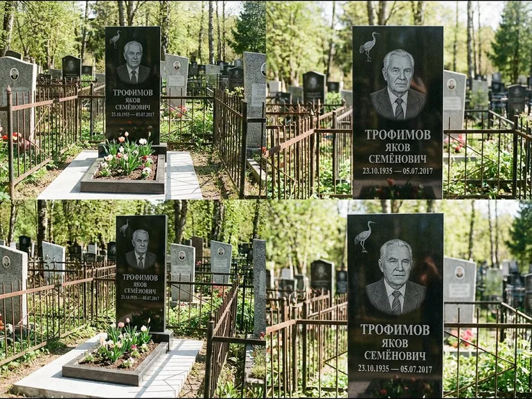 Памятник с гравировкой журавлей — гравировка одиночного летящего журавля над портретом, работа «Трофимов» в Рязани