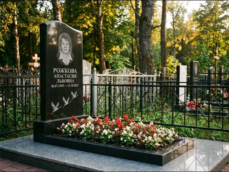 Памятник с гравировкой журавлей — гравировка трёх журавлей по диагонали через свободное поле с, работа «Рожкова» в Рязани