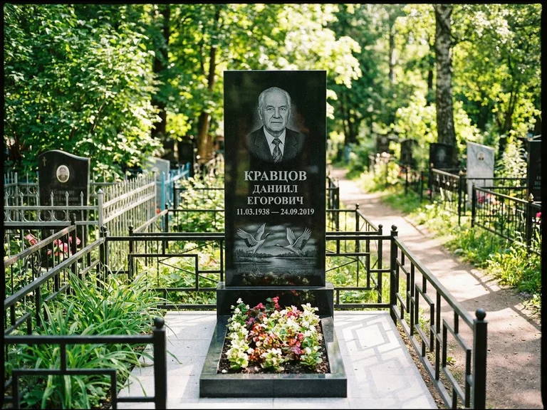 Памятник с гравировкой журавлей — гравировка пары журавлей над гладью озера в нижней части, работа «Кравцов» в Рязани