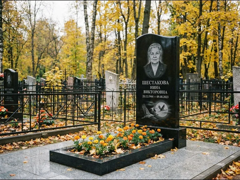Памятник с гравировкой журавлей — гравировка клина журавлей на фоне солнечного диска, работа «Шестакова» в Рязани