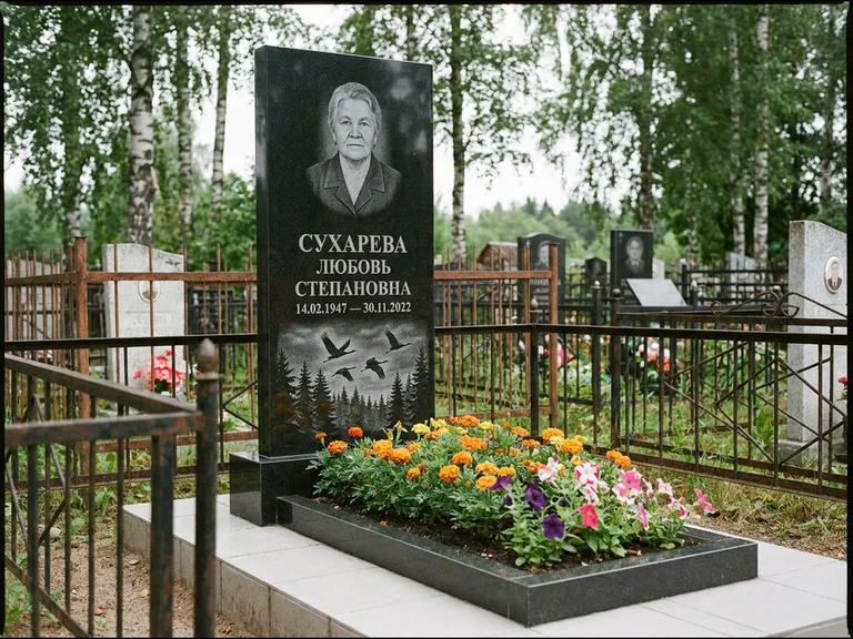 Памятник с гравировкой журавлей — гравировка силуэтов журавлей над еловым лесом, работа «Сухарева» в Рязани