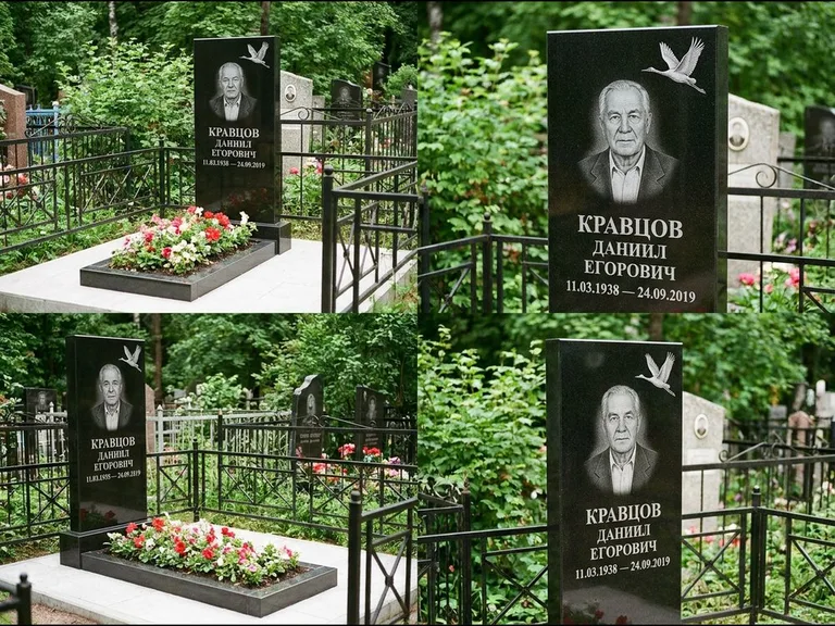 Памятник с гравировкой журавлей — белая гравировка клина журавлей, уходящего в верхний угол ст, работа «Кравцов» в Рязани