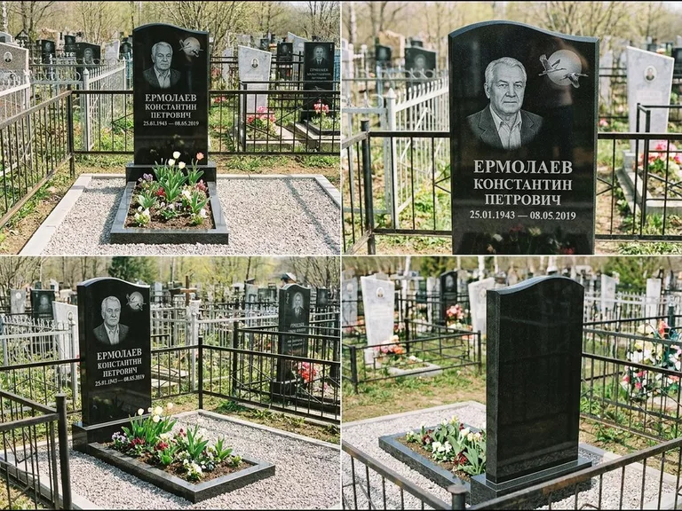 Памятник с гравировкой журавлей — гравировка клина журавлей на фоне солнечного диска, работа «Ермолаев» в Рязани