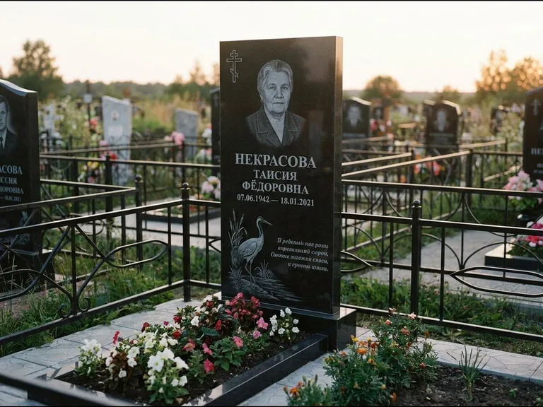Памятник с гравировкой журавлей — гравировка журавля у камышей рядом с эпитафией, работа «Некрасова» в Рязани