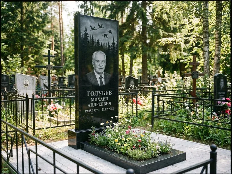 Памятник с гравировкой журавлей — гравировка силуэтов журавлей над еловым лесом, работа «Голубев» в Рязани