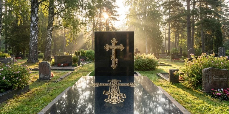 Гравировка креста на памятнике в Рязани — православный восьмиконечный крест на граните