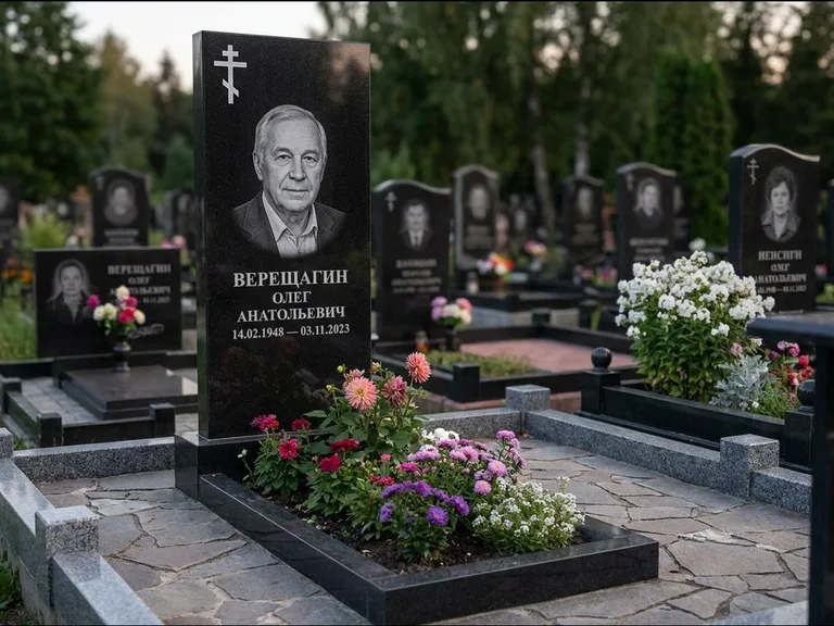 Памятник из чёрного гранита — горизонтальная плита-стела с православным восьмиконечным крестом, работа «Тихонов» в Рязани