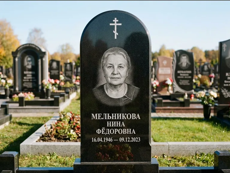 Памятник из чёрного гранита — стела с резным навершием с латинским крестом, работа «Савельева» в Рязани