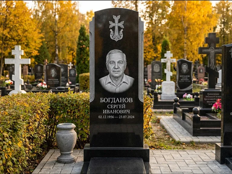 Памятник из чёрного гранита — круглая стела-медальон с армянским хачкаром, работа «Ковалёв» в Рязани