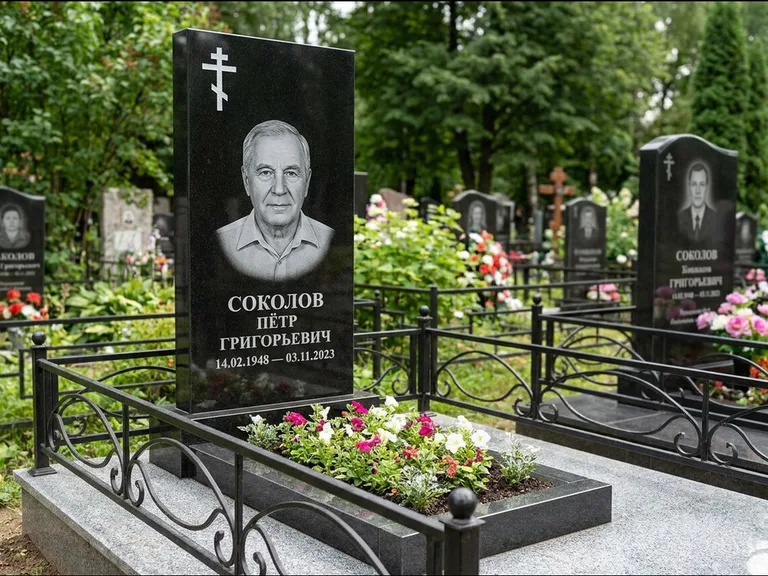 Памятник из чёрного гранита — стела с арочным верхом с православным восьмиконечным крестом, работа «Ковалёв» в Рязани