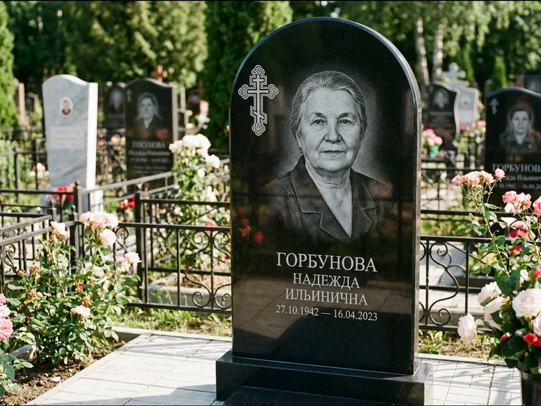 Памятник из чёрного гранита — стела с боковой колонной с крестом в лучах, работа «Мельникова» в Рязани