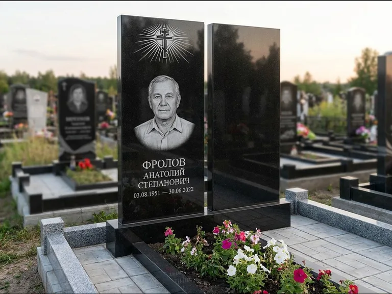 Памятник из чёрного гранита — стела на ступенчатом постаменте с золочёным крестом, работа «Богданов» в Рязани