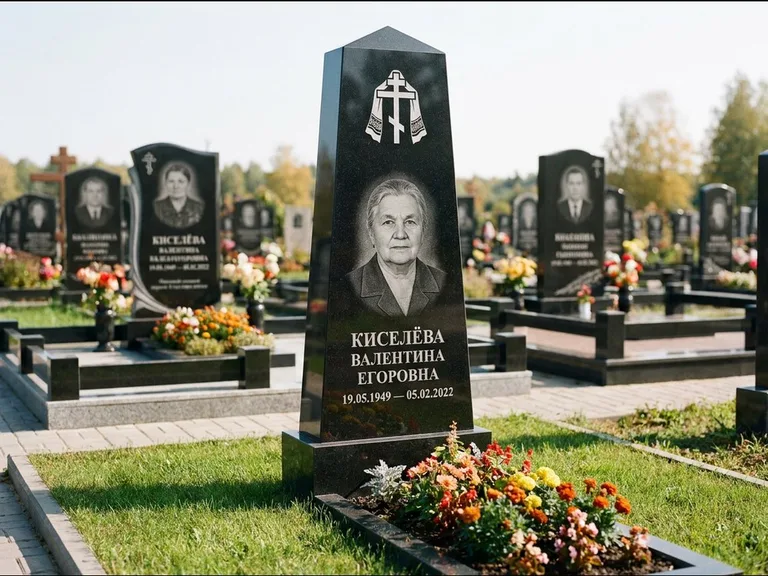 Памятник из чёрного гранита — стела со скошенным верхом с ажурным резным крестом, работа «Селезнёва» в Рязани
